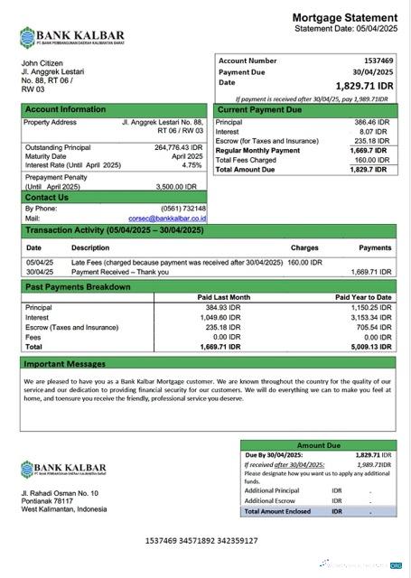 Download Indonesia Bank Kalbar mortgage statement Word and PDF template Photoshop template